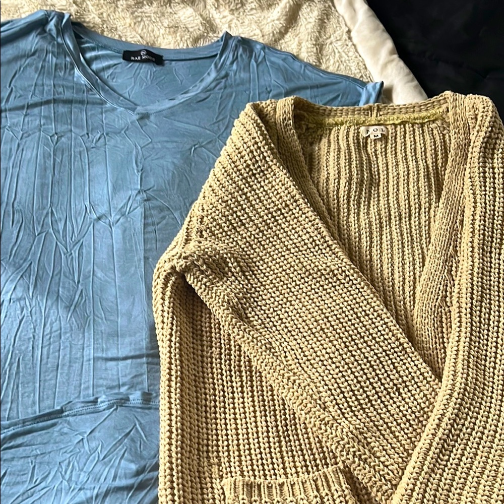 Blue T-Shirt Dress and Beige Knit Cardigan
